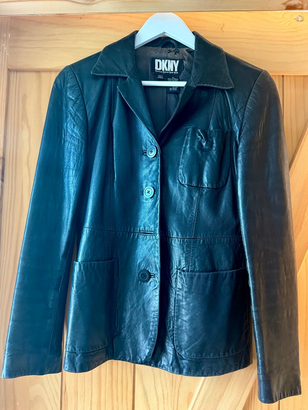 DKNY Black Leather Button-Front Blazer Jacket